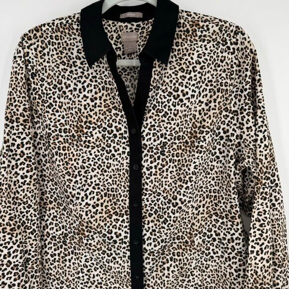 Chicos 2 Leopard Print Button-Up no iron Shirt Womens Size large Black Collar Co - Picture 5 of 11